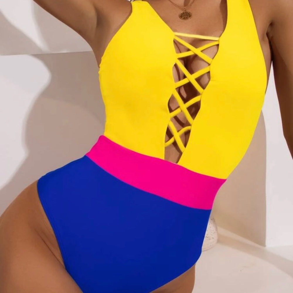 Color Block Lattice One Piece Swimsuit